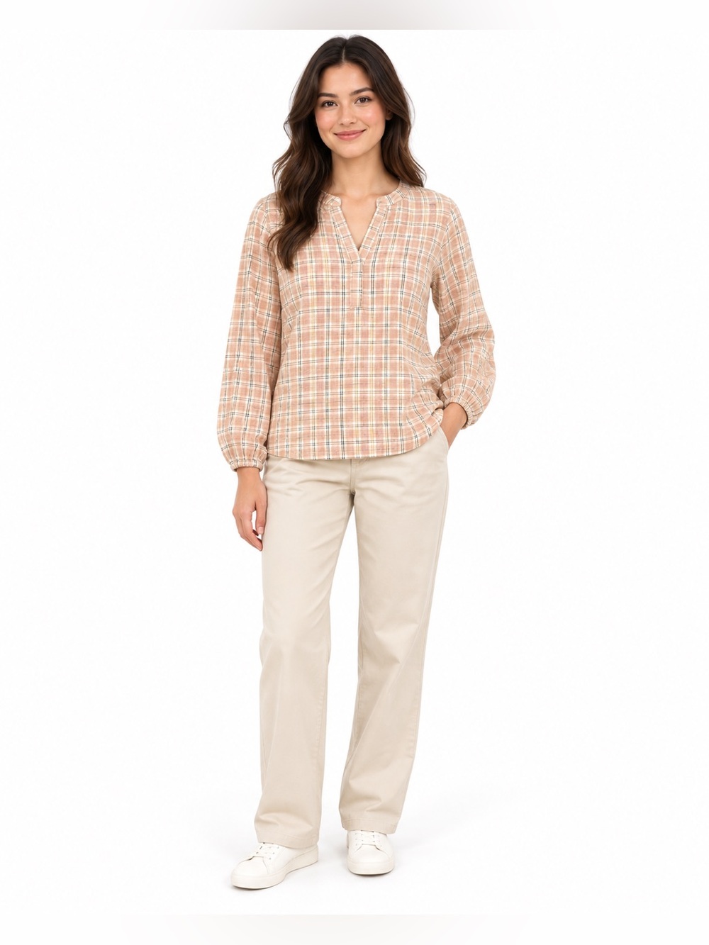 Felina Beige And Cream With Gold Plaid V-Neck Peasant Top